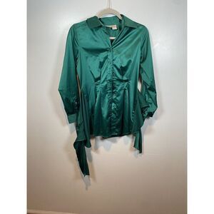 VINTAGE Newport News Silky Button Up Style Blouse Women Small 2 Green‎
